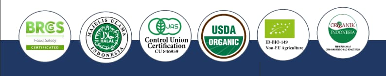 USDA Organic Certification, HALAL, Control Union Certification, ID-BIO-149 Non-EU Agriculture Organic Indonesia